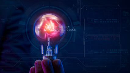Businessman showing AI artificial intelligence icon in glowing light bulb, digital chat bot, machine learning concept, big data, cloud computing, computer network and futuristic innovation technology.