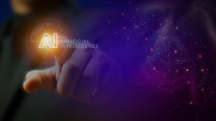 Fototapeta premium Businessman shows AI icon provide access information, digital chat bot concept. Artificial intelligence, machine learning concept, big data, cloud computing, computer network and innovation technology