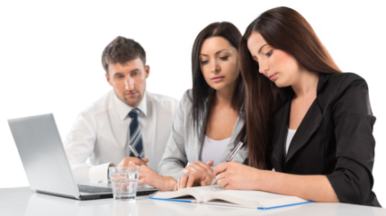 Business people using laptop at office on background