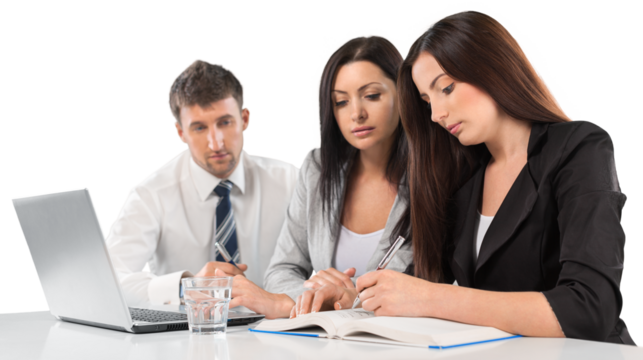 Business people using laptop at office on background