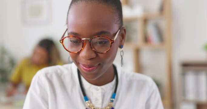 Happiness, modern office and black woman typing email review for business, networking and communication. Administration, employee thinking, writing performance report for success in startup workplace