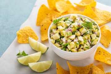 Fresh pineapple and jalapeno salsa in a bowl with tortilla chips - obrazy, fototapety, plakaty