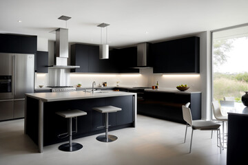 A contemporary kitchen with concrete countertops, black cabinets and built-in appliances. Generative AI