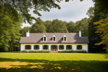 a country house located in an open field surrounded by trees. Generative AI