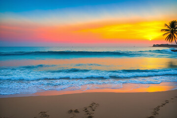 Naklejka na ściany i meble A deserted beach with a vibrant rainbow rising from the oceanic horizon. Generative AI