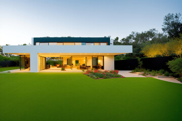 Fototapeta na wymiar a modern house with a well-tended garden. Generative AI