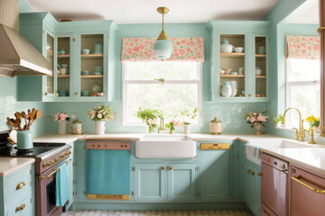 A retro-style kitchen with pastel cabinets, vintage appliances and a hydraulic tile floor. Generative AI