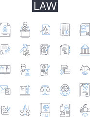 Law line icons collection. Justice, Legislation, Rulebook, Statute, Decree, Regulation, Bylaw vector and linear illustration. Code,Statutory law,Ordinance outline signs set