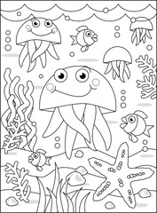 Coloring page with jellyfish and underwater scene of sea life
