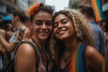 young lesbian couple dancing and having fun at a pride event