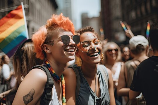 young lesbian couple embracing and dancing at a vibrant pride festival"
