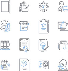 Information retrieval line icons collection. Search, Query, Index, Database, Ranking, Retrieval, Inverted vector and linear illustration. Search engine,Precision,Recall outline signs set