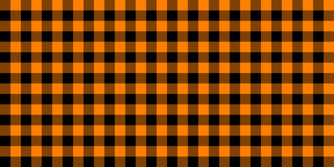 Gingham seamless pattern. Black orange vichy background texture. Checked tweed plaid repeating wallpaper. Fabric design template. Vector 