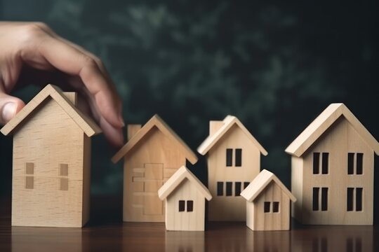 Real Estate Deal: Hand Holding Wood House with Agreement, buy or rent house business. Generative ai