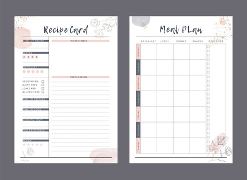 Meal planner and Recipe card. Plan you food day easily. Vector illustration