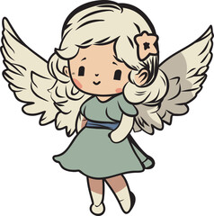 Vector little cute angel girl in cartoon style with green dress wings