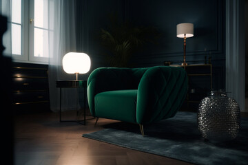 green armchair living room interior, Generative AI