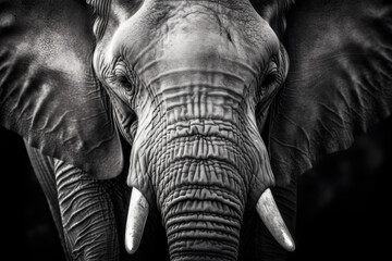 close up of an elephant, black and white illustration. AI generative image.