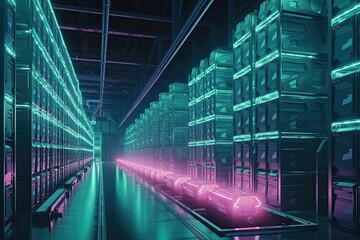 Futuristic automated warehouse with robots moving packages. Generative AI