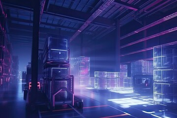 Fototapeta na wymiar Futuristic automated warehouse with robots moving packages. Generative AI