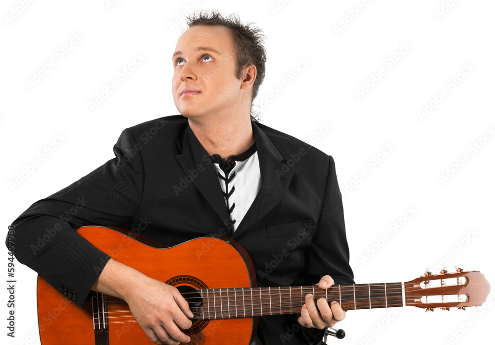 Wall mural Man playing guitar isolated on white background