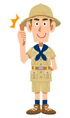 サムズアップする探検家の服を着た男性
