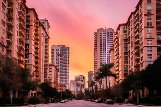 Entardecer Tranquilo em Rua Arborizada com Prédios na Paisagem Urbana