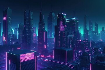 Panoramic view of a bustling tech hub with skyscrapers. Generative AI