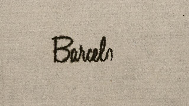 Script font graphic with ink bleeding into paper and on green screen, writing the text "Barcelona", in 4k at 60fps.