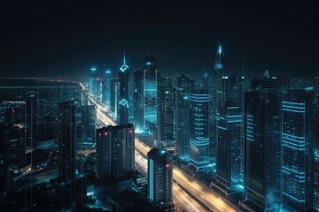 Panoramic view of a modern city at night with high-tech lighting. Generative AI