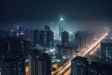 Panoramic view of a modern city at night with high-tech lighting. Generative AI