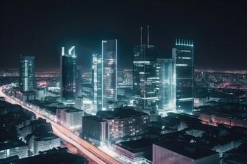 Plakat Panoramic view of a modern city at night with high-tech lighting. Generative AI