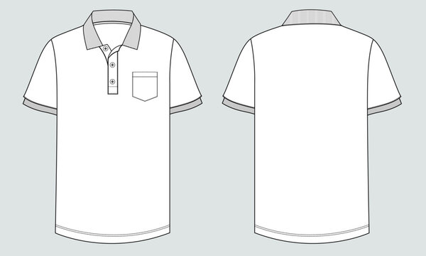 Short sleeve Polo shirt Technical Fashion flat sketch vector illustration  template front and back views. Clothing design mock up for men's isolated on grey background.