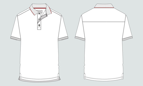 Short sleeve Polo shirt Technical Fashion flat sketch vector illustration  template front and back views. Clothing design mock up for men's isolated on grey background.