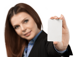 Young woman holding blank card and looking at camera