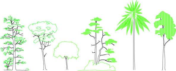 sketch vector illustration of various kinds of green trees