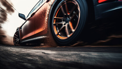 Fototapeta na wymiar Shiny sports car speeds along wet asphalt generated by AI