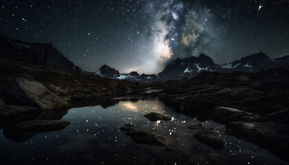 Fototapeta na wymiar Mountain peak majestically reflects starry Milky Way generated by AI
