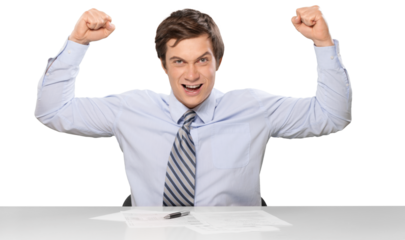 Angry Businessman Sitting at the Desk and Shaking Fists - Isolated