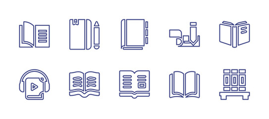 Books line icon set. Editable stroke. Vector illustration. Containing book, travel journal, appointment book, check book, read, audio book, open book, book shelf.