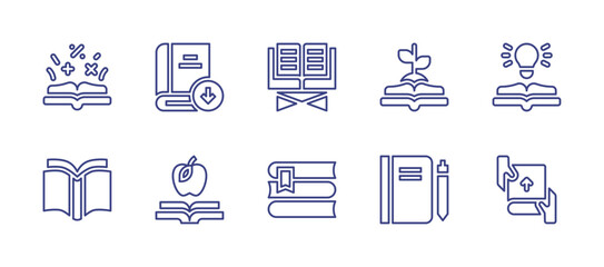 Books line icon set. Editable stroke. Vector illustration. Containing maths, download, koran, growth, book, open book, books, notebook, hand over.