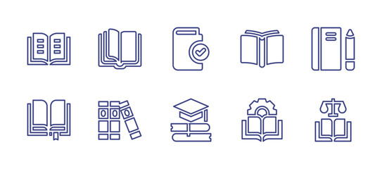Books line icon set. Editable stroke. Vector illustration. Containing book, open book, note book, education, constitution.
