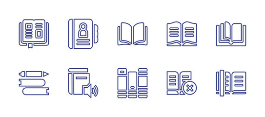 Books line icon set. Editable stroke. Vector illustration. Containing planner, phone list, open book, reading book, diary, audio book, bookstore, no education, bookmark.