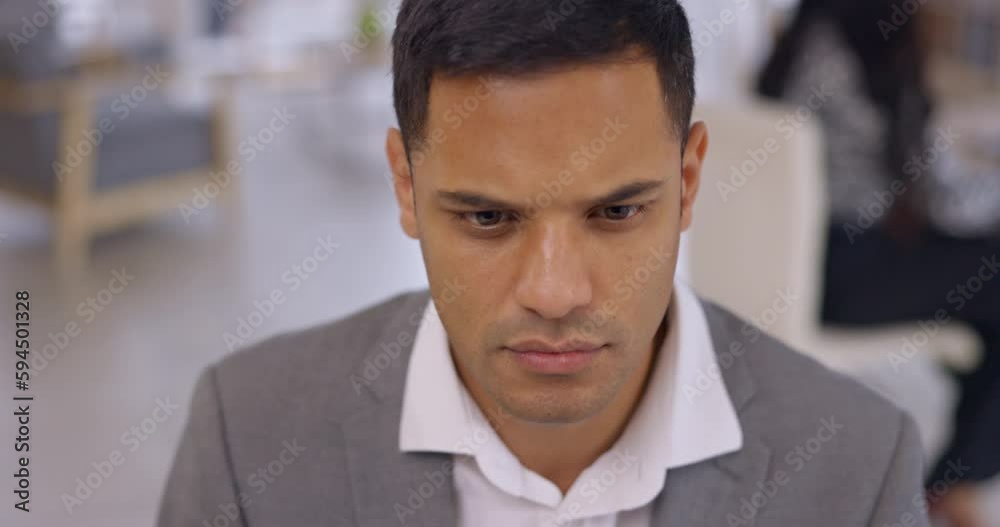 Poster serious man, face and reading on computer for business research, planning project and working in off