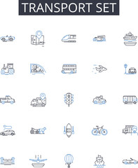 Transport set line icons collection. Health kit, Travel bag, Entertainment pack, Office statiry, Cooking utensils, Fitness equipment, Art supplies vector and linear illustration. Camping gear,Beauty