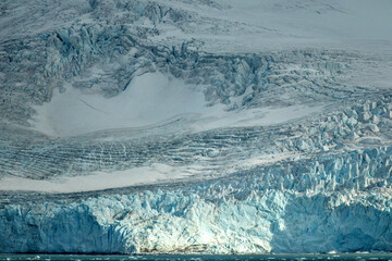 Layers of a blue and white snowy glacier on Elephant Island in Antarctica