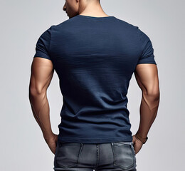 Obraz premium Rear view of a muscular man in a dark blue t-shirt and jeans, showcasing athletic physique and casual style, ideal for t-shirt mockups.