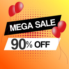 Mega sale banner for web or social media. With red balloons and gradient background. Discount announcement. Sale tag