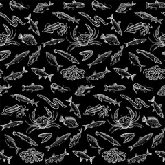 Marine life graphic seamless pattern with fish and seafood