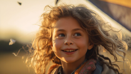 Toothy smiling girl playing outdoors in autumn generated by AI